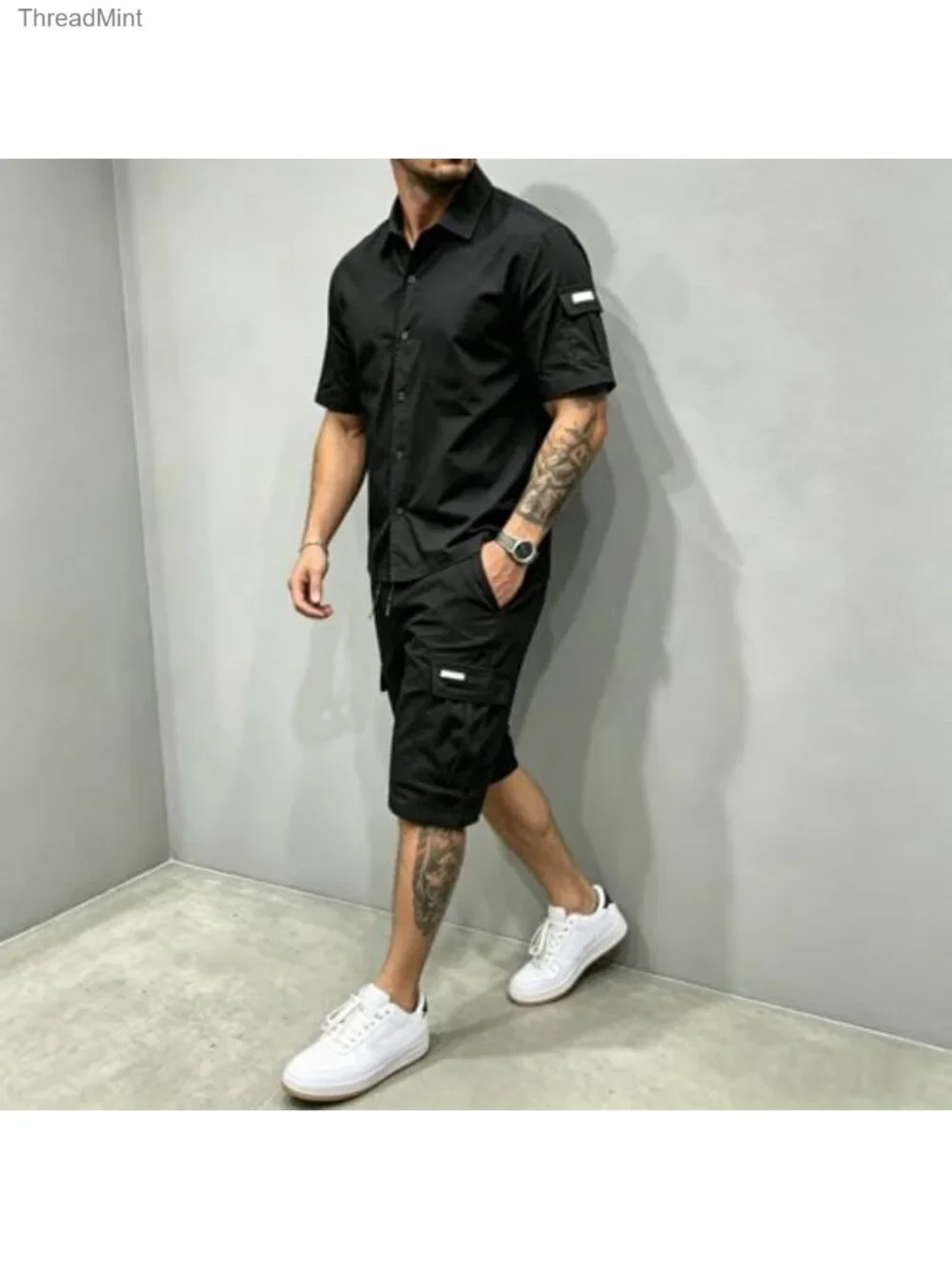 Men's 2 Piece Set Button Down Shirt & Cargo Shorts 100% Polyester Lightweight